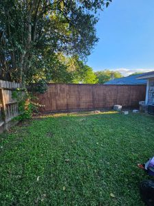A double-sided privacy cedar fence installed for Eric Ceron in Atascocita, Texas, featuring high-quality craftsmanship and durability.