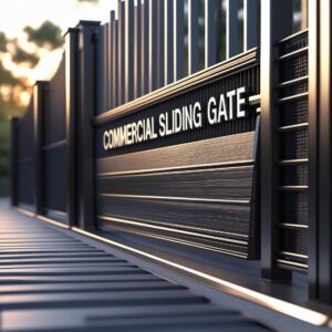 "Commercial sliding gate installed by Mustang Fencing and Gates company, ideal for businesses seeking secure and stylish property protection."
