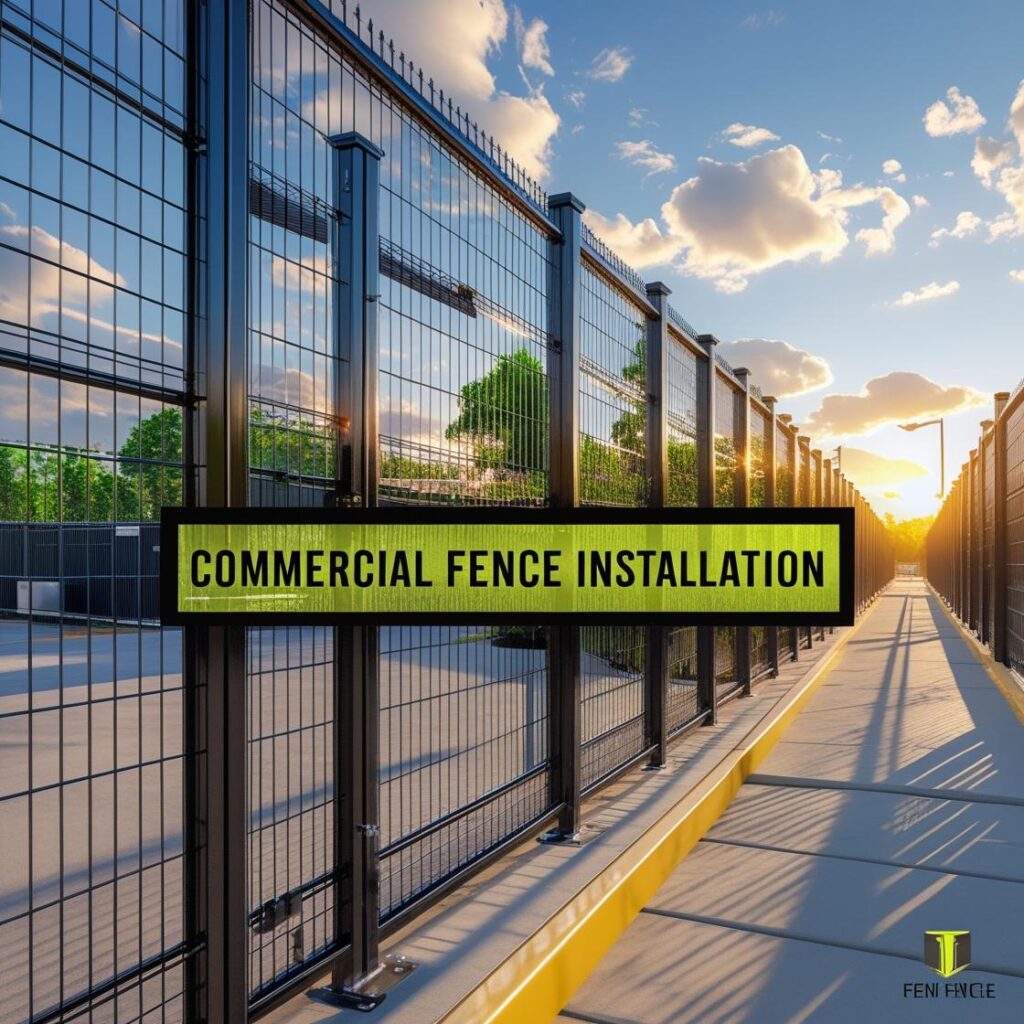 Create Instagram post for my fence company with the text _commercial Fence _20250723_213834_0000 - Mustang Fencing and Gates "Instagram post promoting Mustang Fencing and Gates' commercial fence services, featuring a high-quality fence image."