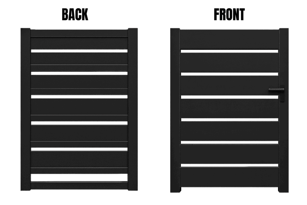Modern Horizontal Slat Black Aluminum WPC Walk-In Gate with Privacy Gaps_ - Mustang Fencing and Gates