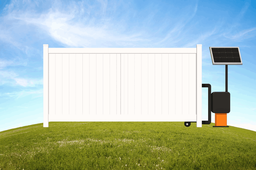 Modern White Vinyl Sliding Driveway Automatic Gate with Privacy Panels and Reinforced Frame - solar powered - Mustang Fencing and Gates