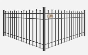"Black spear-top wrought iron fence showcasing intricate design and superior craftsmanship."