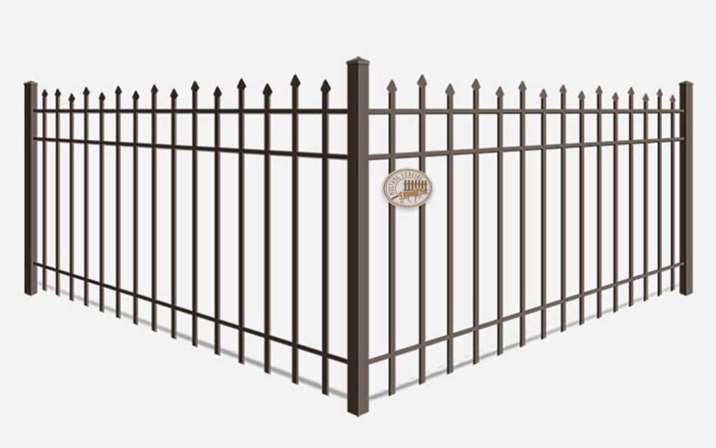 "Spear top staggered pickets on a wrought iron fence, showcasing the design and craftsmanship by Mustang Fencing and Gates."