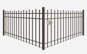 "Spear top staggered pickets on a wrought iron fence, showcasing the design and craftsmanship by Mustang Fencing and Gates."
