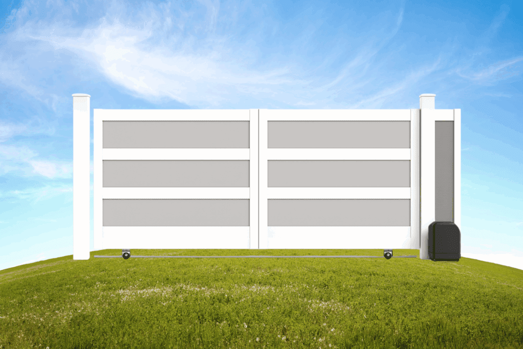 White Vinyl Automatic Sliding Driveway Gate with Frosted Privacy Panels - Mustang Fencing and Gates