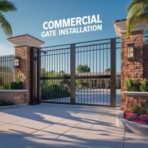 "Commercial gate installation in Houston by Mustang Fencing and Gates."