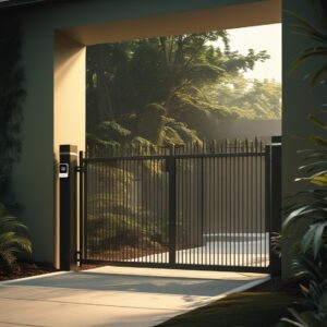"Modern metal gate design in Houston featuring intricate patterns and robust construction."