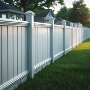 "Vinyl fence surrounding a yard in Houston, TX, showcasing Mustang Fencing and Gates' high-quality workmanship."