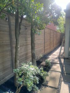 "A wooden fence along a garden pathway in Houston, perfect for home landscaping ideas."