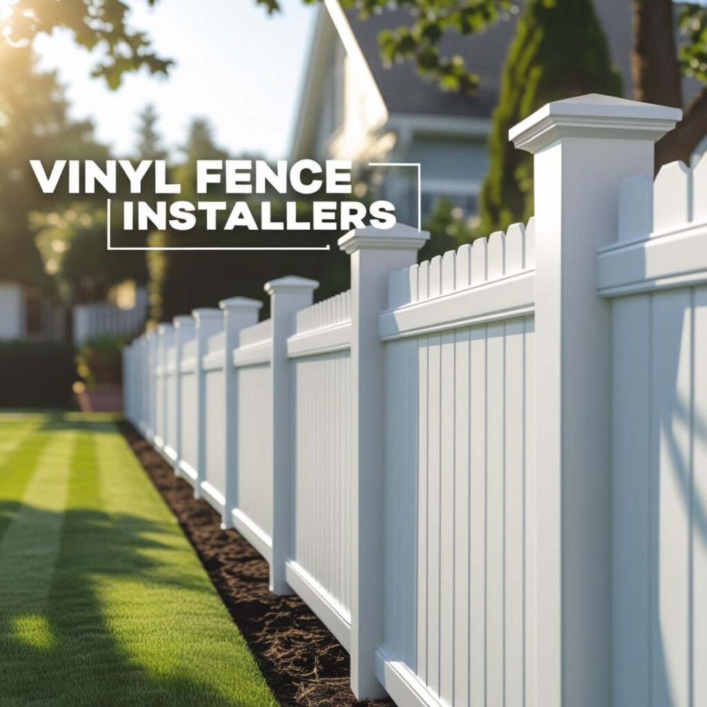 "Professional vinyl fence installers in Houston working on a residential project."