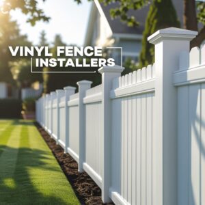"Professional vinyl fence installers in Houston working on a residential project."