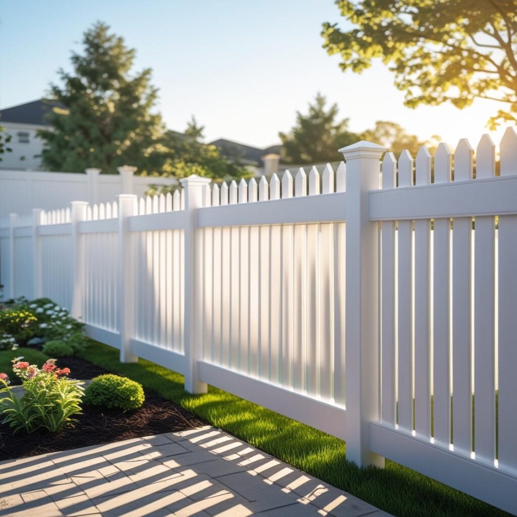 white vinyl fence garden houston tx - Mustang Fencing and Gates "White vinyl fence surrounding a lush garden in Houston, Texas."