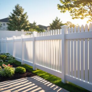 "White vinyl fence surrounding a lush garden in Houston, Texas."