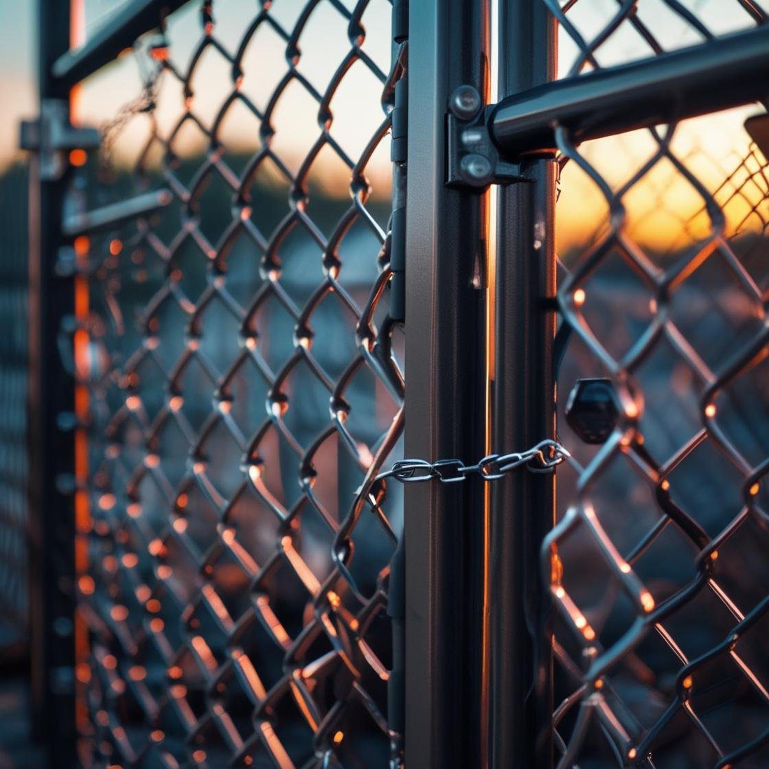 Chain-link fence and gate at sunset installed by Mustang Fencing & Gates in Houston