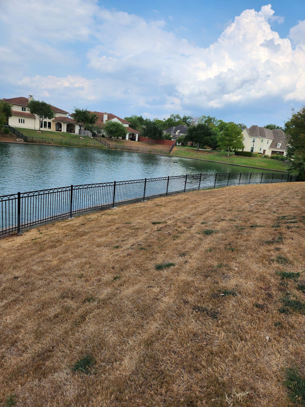 A black ornamental iron fence with decorative loop-top pickets follows a community perimeter along the water's edge of a landscaped retention lake.
