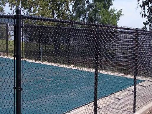 Black vinyl-coated chain-link fencing encloses a sport court, a durable low-maintenance choice for schools and parks.