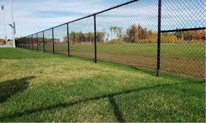 Black vinyl-coated chain-link fence bordering a grassy park and sports field near Houston