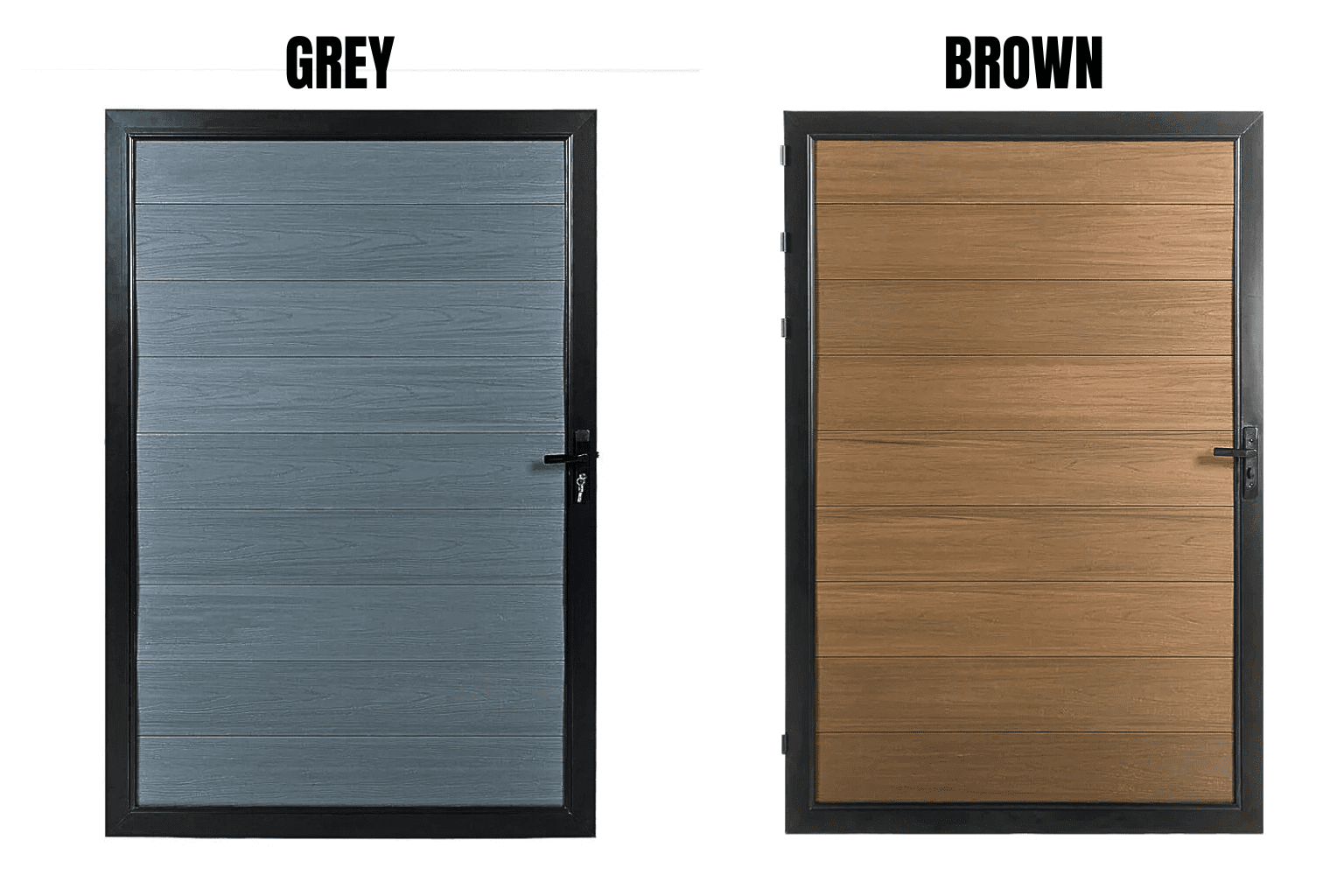 WPC_ Aluminum Walk Gate with Horizontal Panels and Black Frame – Grey or Brown - Mustang Fencing and Gates