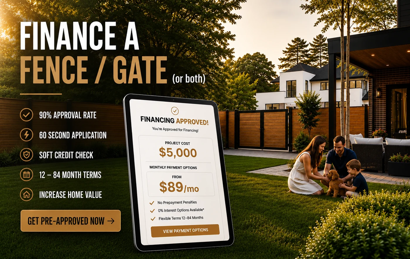 Finance a fence or gate: 90% approval rate, 60-second application, soft credit check, and 12 to 84 month terms. Example $5,000 project from $89 per month with 0% interest options and no prepayment penalties.